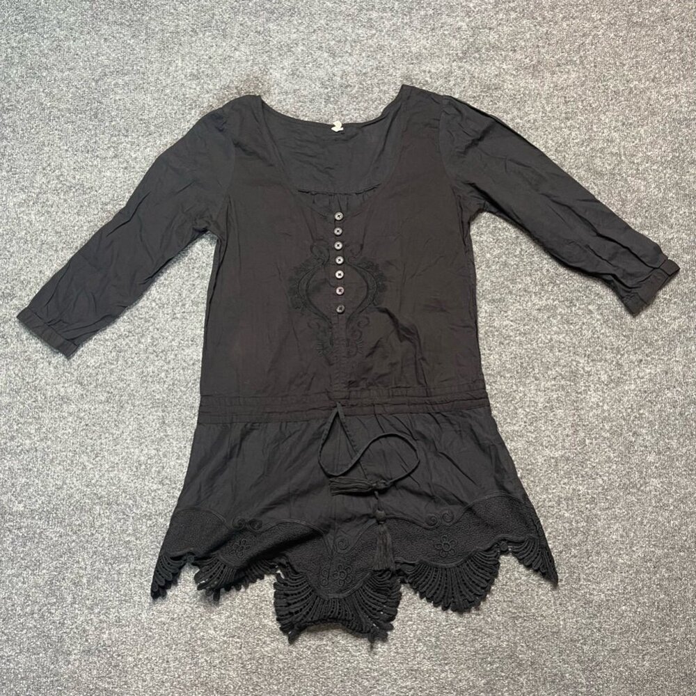 Rip Curl Womens Romper Black Cinch Tie Waist Scoop Neck 3/4 Sleeve Embroidered S